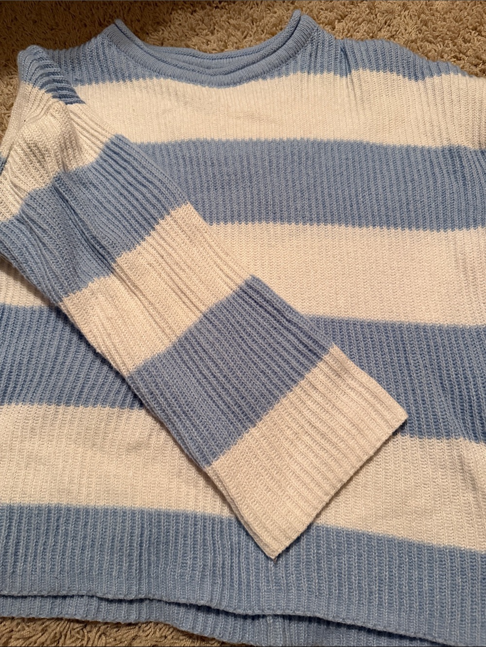 SHEIN Blue and Cream Striped Ribbed Crewneck Sweater